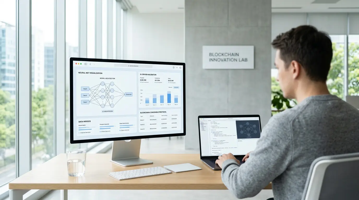 AI research laboratory with server racks and neural network training visualization