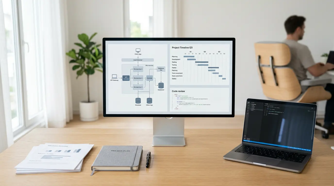 Project delivery workspace with architecture diagrams, Gantt chart, and code review