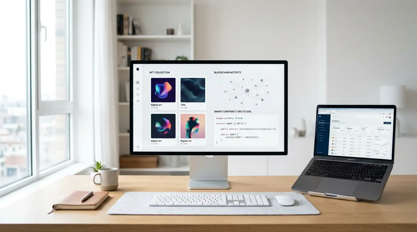 Ultrawide monitor displaying blockchain network visualization, NFT gallery, and smart contract code