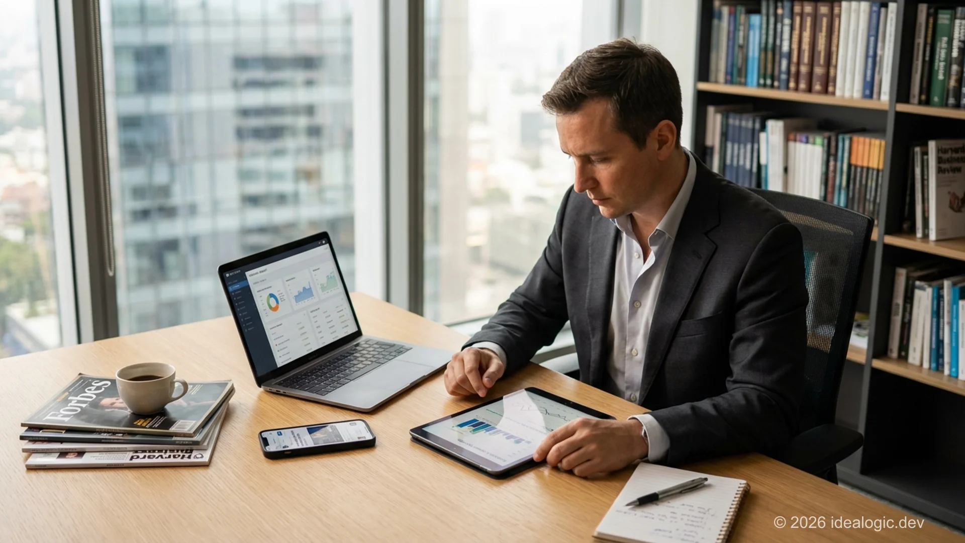 Professional business executive reading industry reports and market research on tablet in modern corporate office