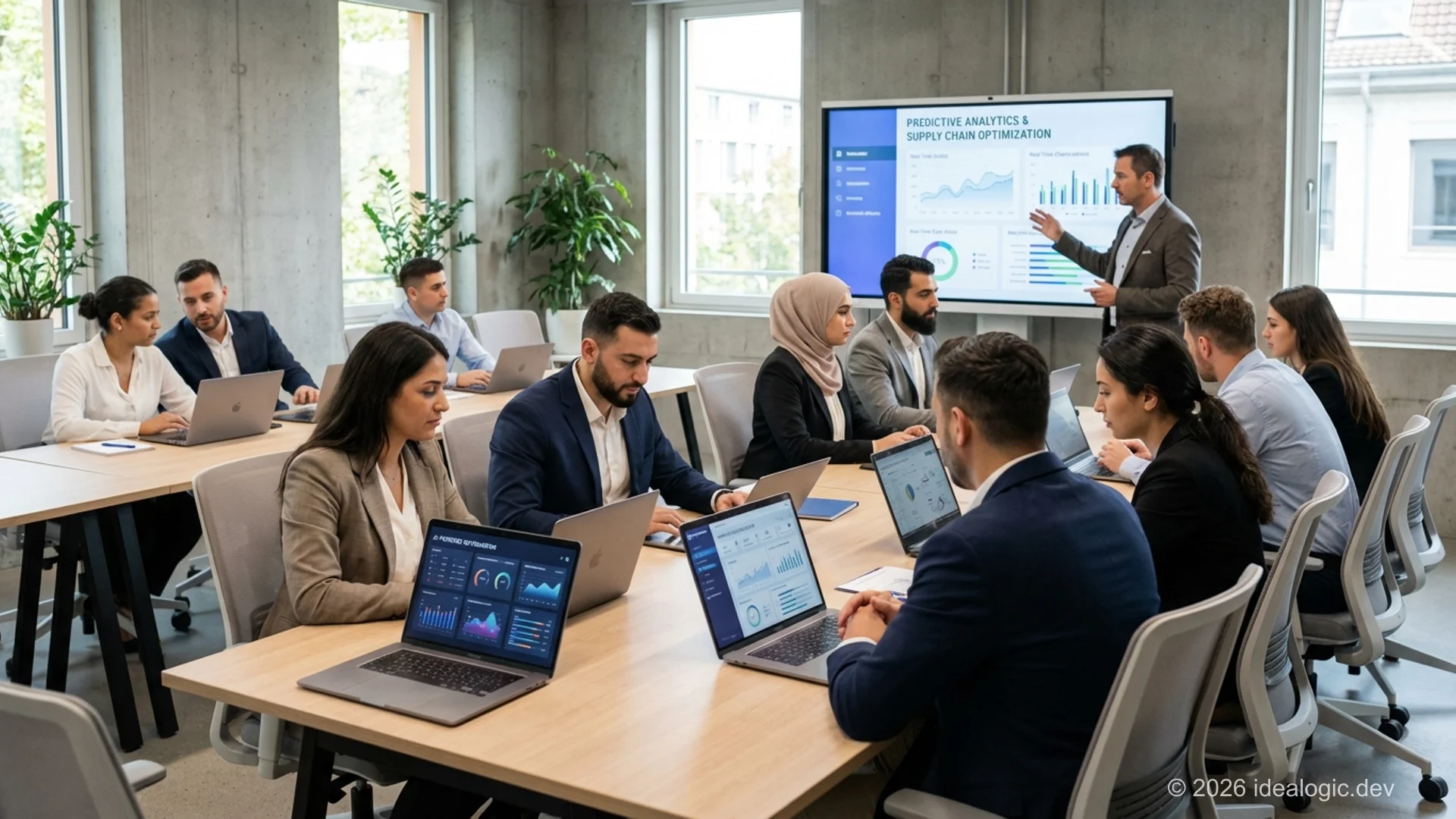 Corporate professionals engaged in AI tools training and workforce upskilling session in modern office