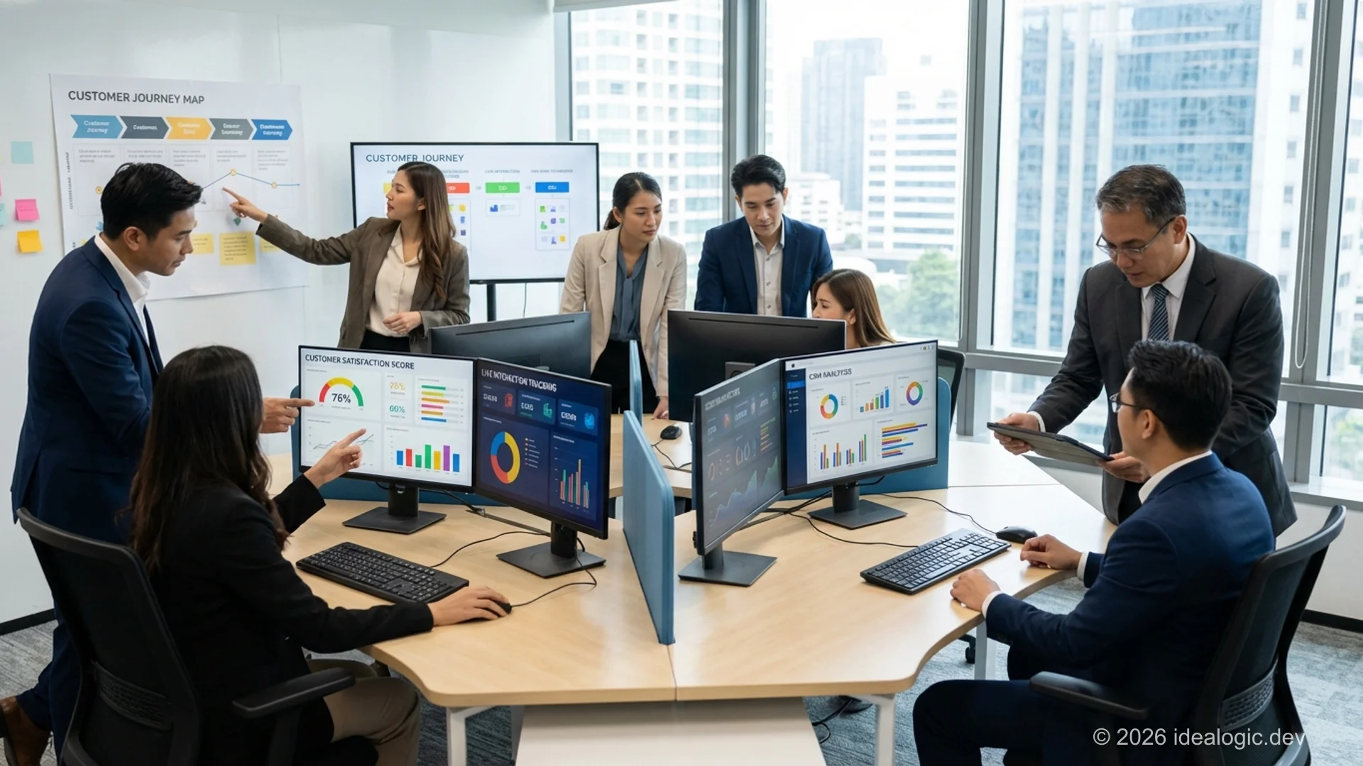 Professional customer service team using CRM systems and analyzing real-time customer data in modern corporate office