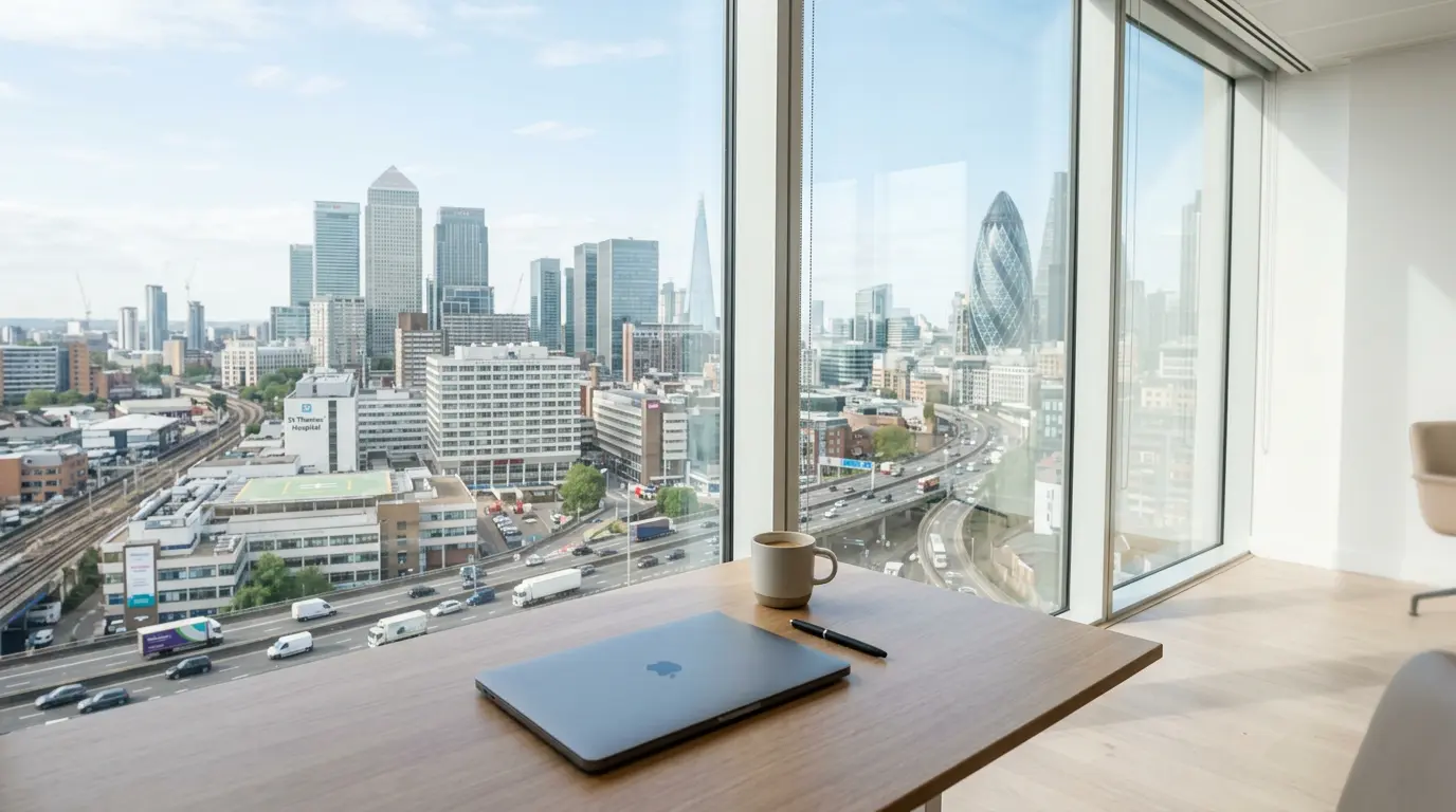 Modern office with industry symbols representing fintech, healthcare, e-commerce, and logistics