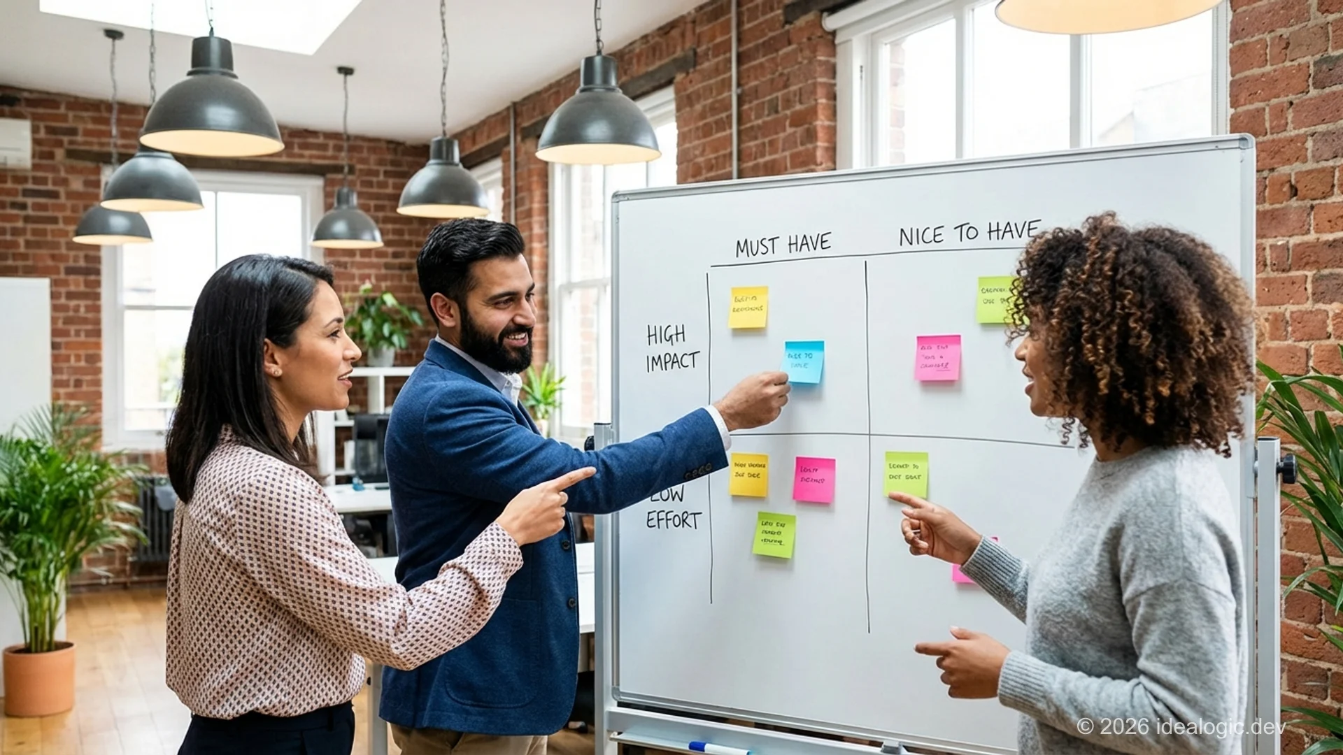 Startup founder planning an MVP by sketching a product wireframe on a whiteboard with sticky notes showing feature priorities