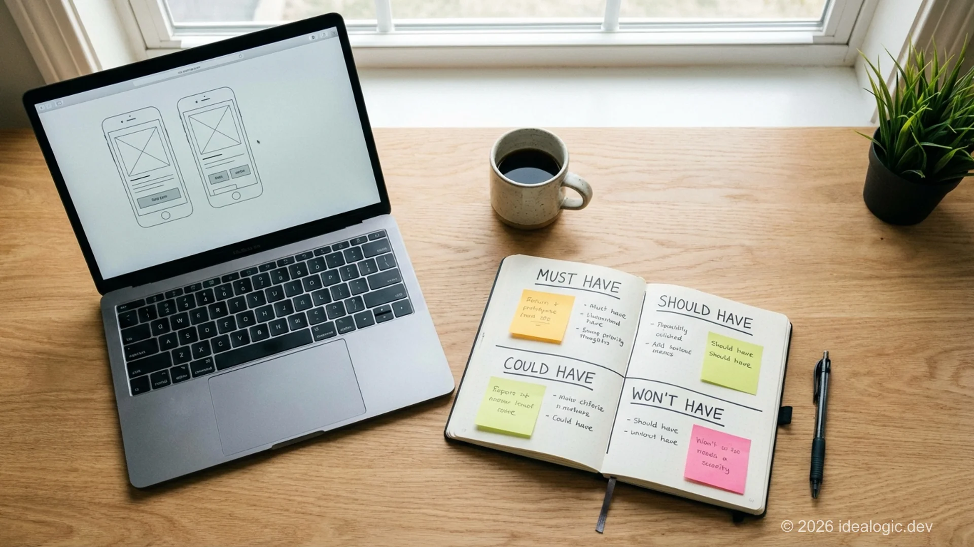 Desk with laptop showing an MVP prototype, notebook with MoSCoW priority matrix drawn by hand for minimum viable product feature selection, and coffee cup