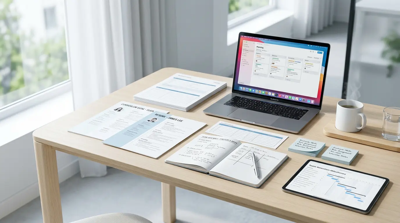 Organized workspace with resumes, laptop, and planning documents for team assembly
