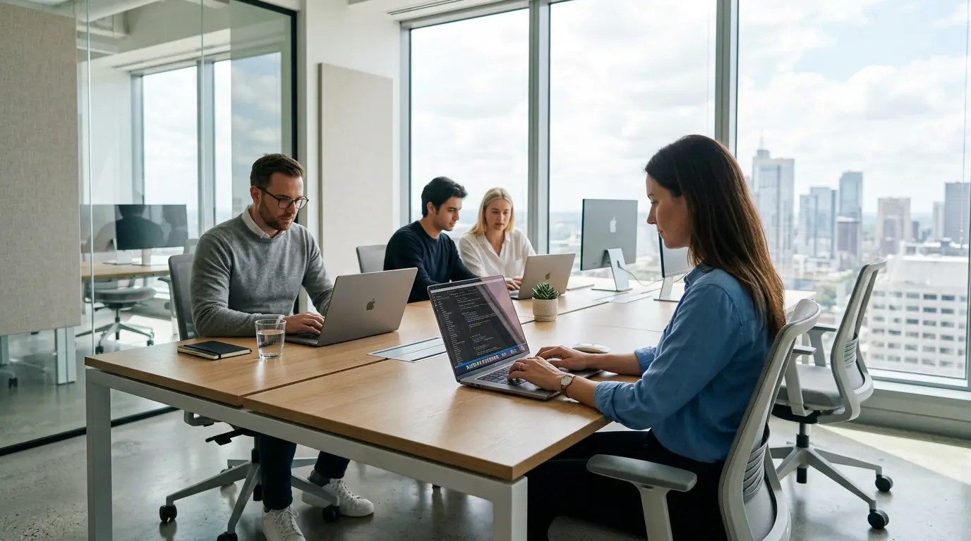Development team working in a modern open-plan office with city skyline view
