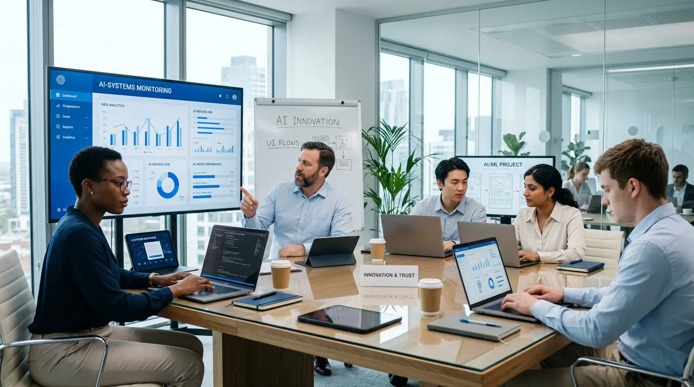 Modern business workspace with analytics dashboard, devices, and planning tools