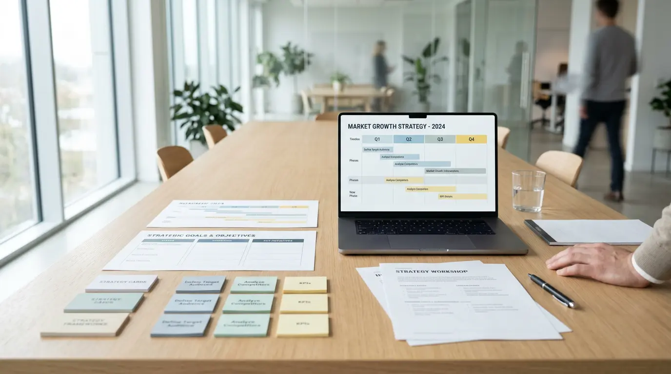 Strategy workshop table with consulting artifacts, roadmap, and colored strategy cards