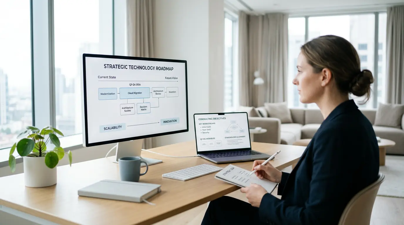 Bright executive meeting room with panoramic city view and digital transformation roadmap