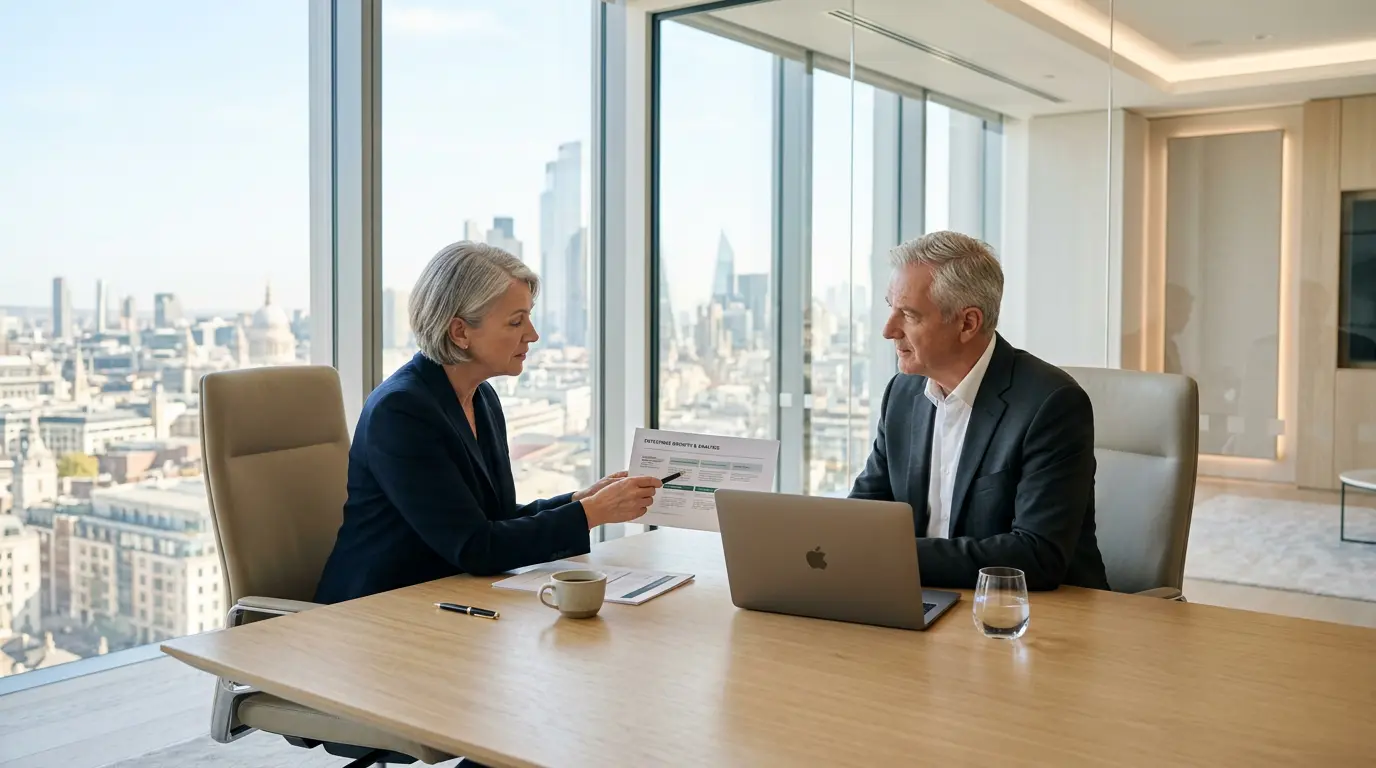 Senior consultants reviewing strategy documents in an executive boardroom with city skyline